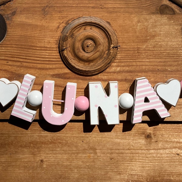 LUNA Rosa Namenskette Personalisiert KINDERZIMMER Tür Holzbuchstaben Taufe Deko Baby NAME Buchstabenkette Geburtsgeschenk