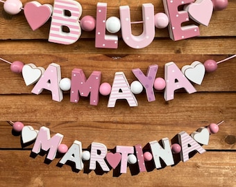 NAMENSKETTE Rosa Mauve Holz PERSONALISIERT Baby WUNSCHNAME Kinderzimmer Geburtstag Buchstabenkette Deko Taufe Taufgeschenk