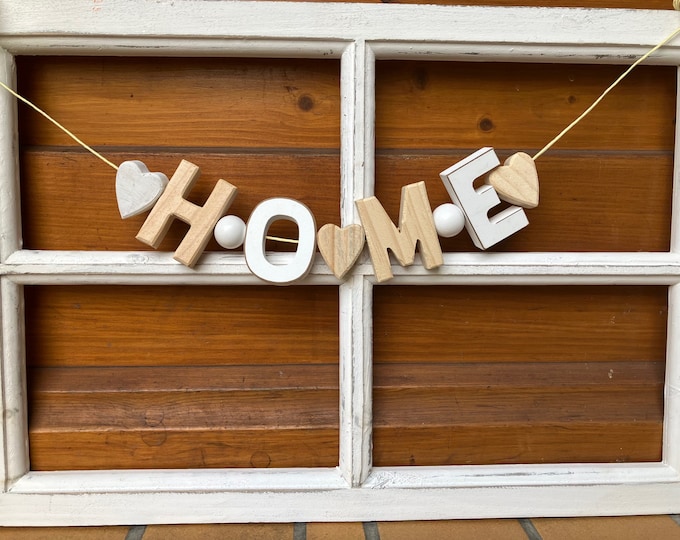 Shabby HOME HOLZGIRLANDE Holz Buchstaben NATUR Weiß Selber Bemalen Girlande Tür Haus Deko