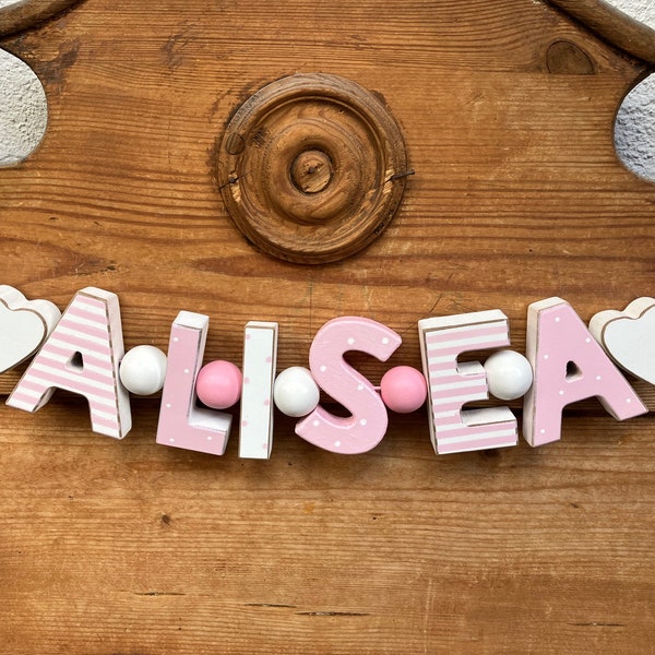 ALISEA Rosa Namenskette Personalisiert KINDERZIMMER Tür Holzbuchstaben Taufe Deko Baby NAME Buchstabenkette Geburtsgeschenk