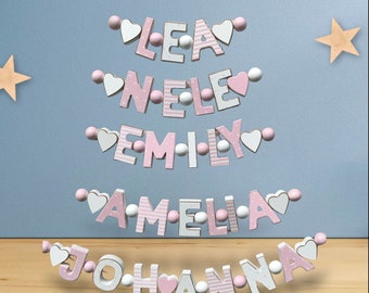 ROSA Namenskette Holz PERSONALISIERT Baby WUNSCHNAME Geburtstag Buchstabenkette Deko Taufe Taufgeschenk