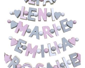 Namenskette ROSA Grau Holz PERSONALISIERT Baby WUNSCHNAME Kinderzimmer Geburtsgeschenk Buchstabenkette Deko Taufe Taufgeschenk