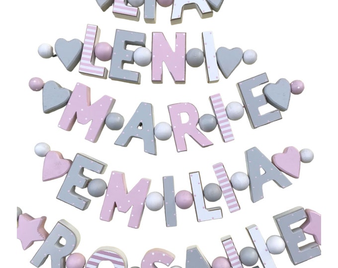 Namenskette ROSA Grau Holz PERSONALISIERT Baby WUNSCHNAME Kinderzimmer Geburtsgeschenk Buchstabenkette Deko Taufe Taufgeschenk