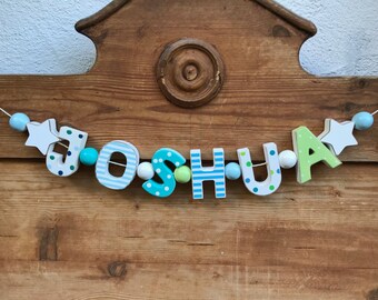 JOSHUA Namenskette Personalisiert KINDERZIMMER Tür Holzbuchstaben Taufe Deko Junge Baby Blau NAME Buchstabenkette Geburtsgeschenk