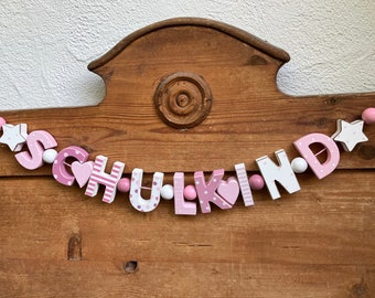 SCHULKIND GIRLANDE 1. Schultag EINSCHULUNG Rosa Holz Buchstaben Deko Nachhaltig handbemalt handmade