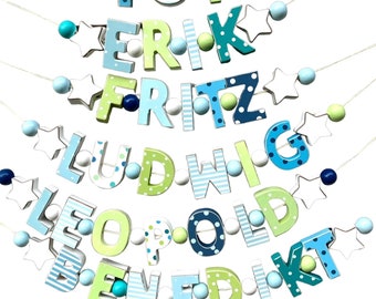 NAMENSKETTE Blau Grün Holz PERSONALISIERT WUNSCHNAME Geburtstag Geburtsgeschenk Buchstabenkette Deko Taufe Taufgeschenk
