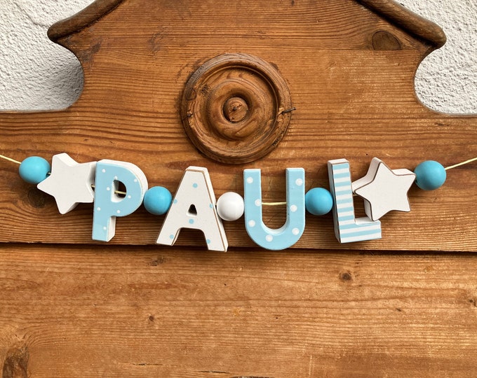 PAUL Namenskette Personalisiert KINDERZIMMER Tür Holzbuchstaben Taufe Deko Junge Baby Blau NAME Buchstabenkette Geburtsgeschenk