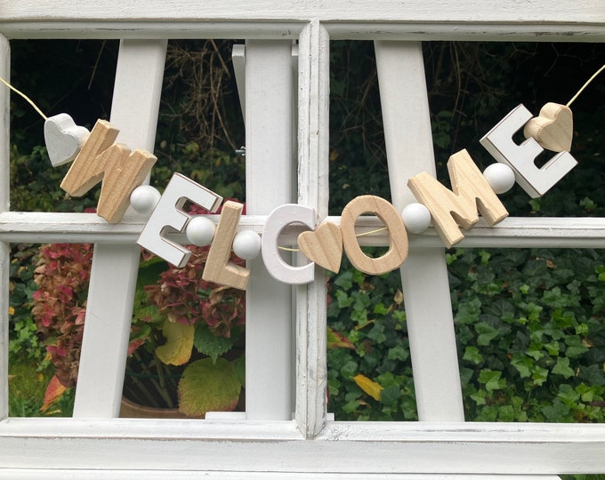 Shabby WELCOME HOLZGIRLANDE Holz Buchstaben NATUR Weiß Selber Bemalen Girlande Tür Haus Deko