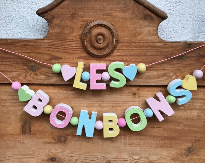 Les BONBONS Girlande HOCHZEIT Süßigkeiten Bar Deko GEBURTSTAG Holz Pastellfarben Holzbuchstaben