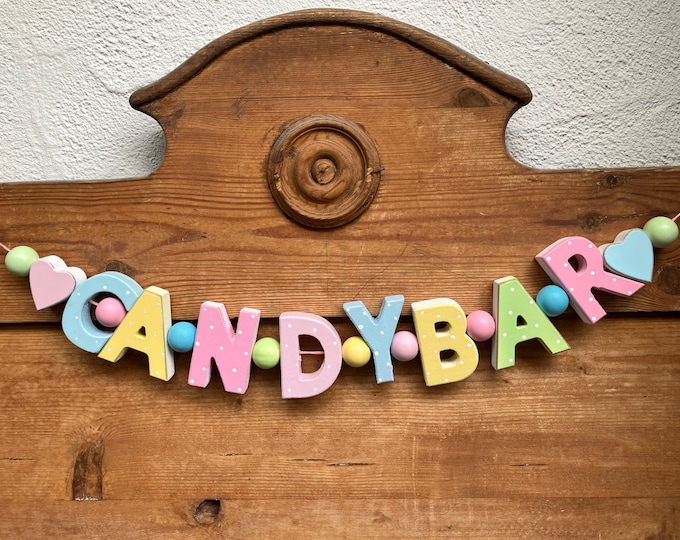CANDYBAR Girlande HOCHZEIT Süßigkeiten Bar Deko GEBURTSTAG Holz Pastellfarben Holzbuchstaben