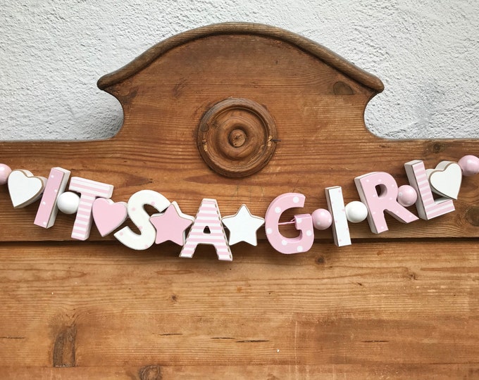 Rosa  ITS A GIRL Girlande Holz Banner Holzbuchstaben Baby Shower Party Dekoration Deko