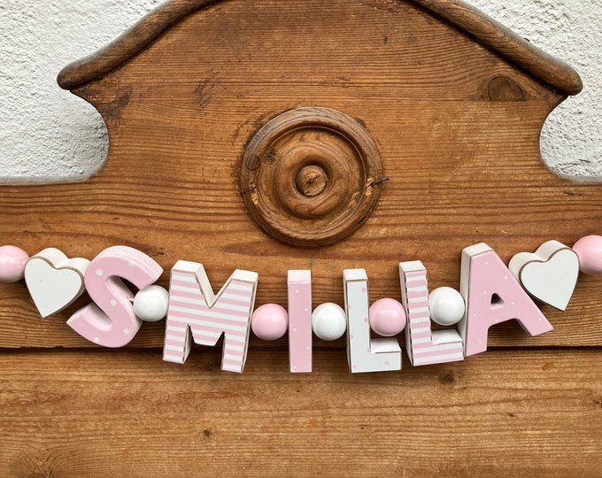 SMILLA Rosa Namenskette Personalisiert KINDERZIMMER Tür Holzbuchstaben Taufe Deko Baby NAME Buchstabenkette Geburtsgeschenk