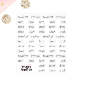 May include: White planner stickers with meal labels including "breakfast," "lunch," "dinner," and "snack." The stickers are arranged in rows and columns. The Paisley Prints Co. logo is visible. Pink flowers and gold glitter circles are in the background.