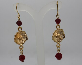 Earrings, drop earrings, dangle earrings, crystal earrings, charm earrings, red earrings, gold earrings