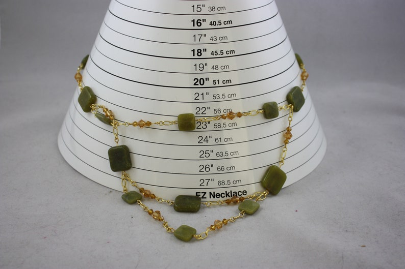 Green Serpentine bead necklace; serpentine crystal and gold chain necklace; multistrand necklace; 3 tier serpentine necklace; green necklac