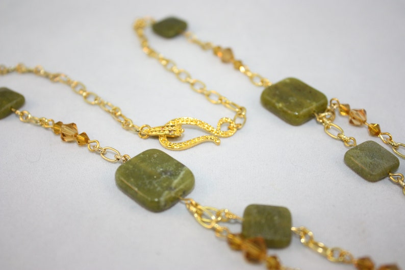 Green Serpentine bead necklace; serpentine crystal and gold chain necklace; multistrand necklace; 3 tier serpentine necklace; green necklac