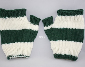 Green/white striped fingerless mitts; green/white fingerless mitts; wite/green fingerless mitts; fingerless mitts; team color mitts;