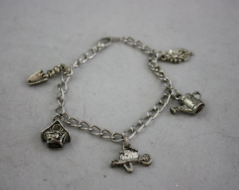 bracelets, charm bracelets, garden charms bracelet, chain link bracelets, metal bracelets, garden bracelets, hand made jewelry, handmade