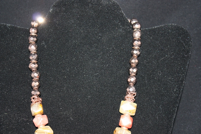fire cherry quartz necklace; cherry quartz necklace; quartz necklace; copper tone glass bead necklace; quartz and glass bead necklace