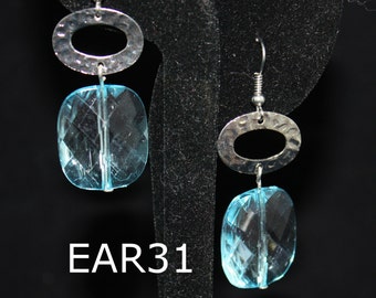 Blue glass crystal earrings; earrings; textured metal earrings; silver and blue earrings; blue earrings; silver earrings; handmade jewelry
