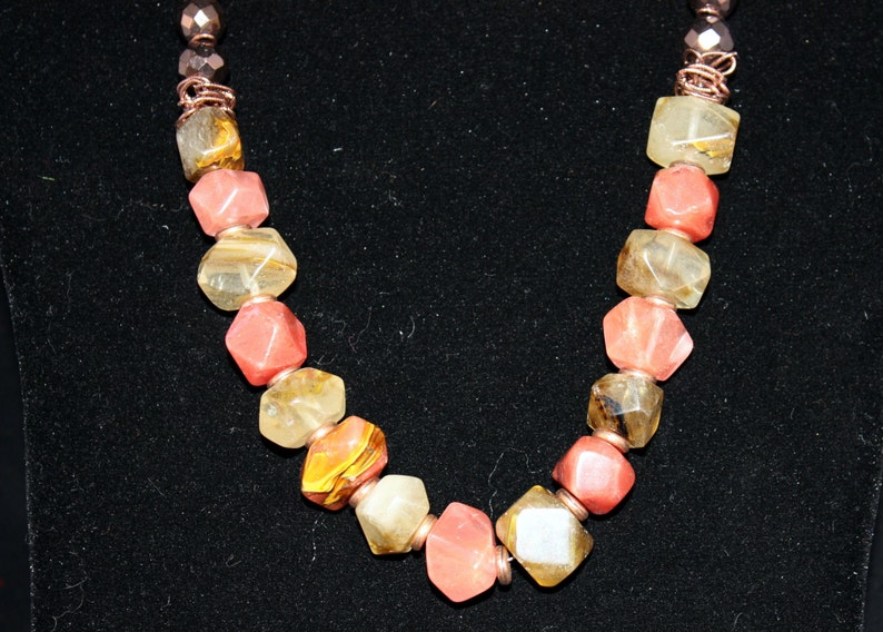 fire cherry quartz necklace; cherry quartz necklace; quartz necklace; copper tone glass bead necklace; quartz and glass bead necklace