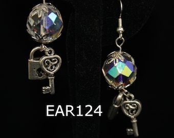 earrings, crytal earrings, charm earrings, hand made earrings, handmade earrings, lock and key earrings, dangle earrings, drop earrings