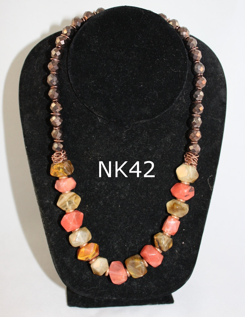 fire cherry quartz necklace; cherry quartz necklace; quartz necklace; copper tone glass bead necklace; quartz and glass bead necklace