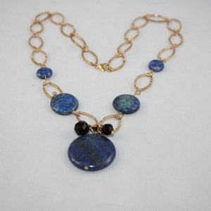 lapis stone necklace; lapis lazuli stones; gold link necklace; lapis and gold link necklace; handmade jewelry