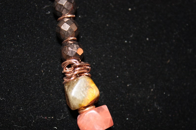 fire cherry quartz necklace; cherry quartz necklace; quartz necklace; copper tone glass bead necklace; quartz and glass bead necklace
