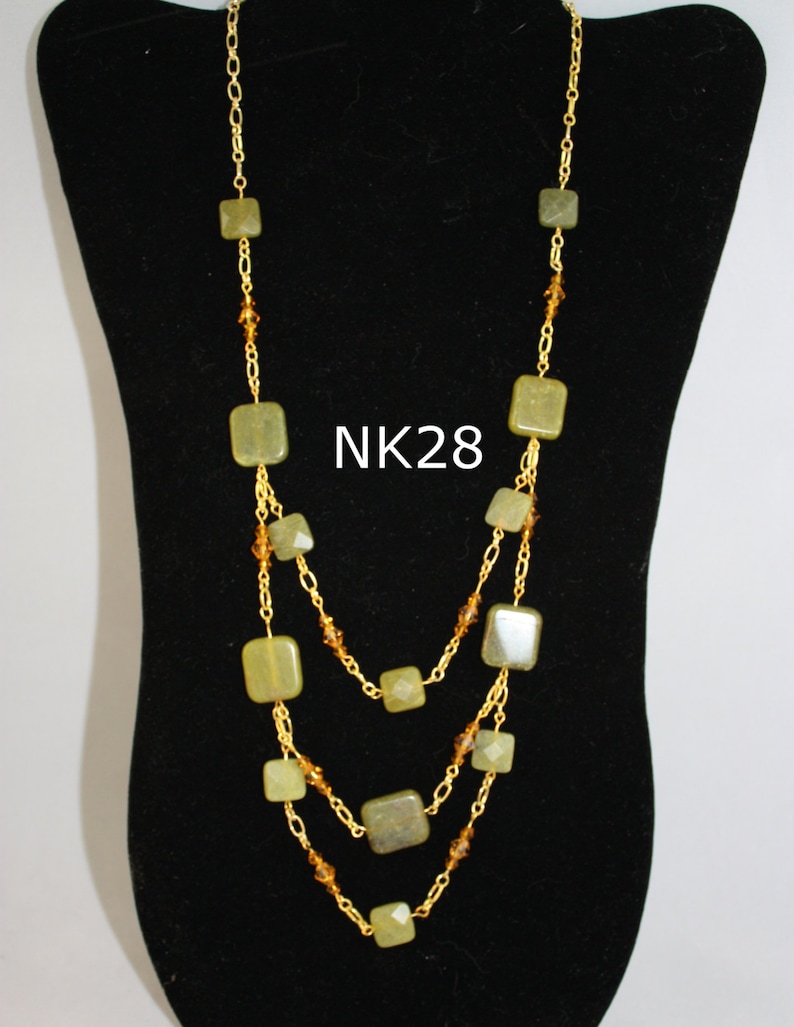 Green Serpentine bead necklace; serpentine crystal and gold chain necklace; multistrand necklace; 3 tier serpentine necklace; green necklac