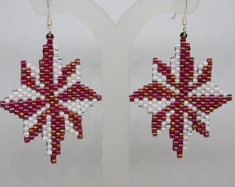 earrings, beaded earrings, drop earrings, dangle earrings, star earrings, red earrings, white earrings,