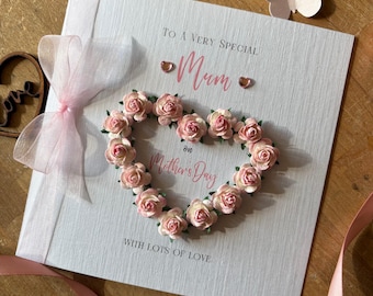 Floral Mother's Day Card - Paper Rose Flowers & Ribbon Design - Customisable for Mum, Mam, Nan etc