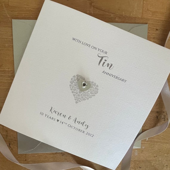 Tin 10th Wedding Anniversary Card, 10 Years, Triple Hearts, Personalised Anniversary Card - 10 Years Married - Mum, Dad, Relatives, Friends