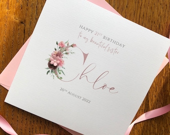 Personalised Rose Gold Floral Name Birthday Card - Birthday Card for Her in Rose Gold - Customised name, age, relation