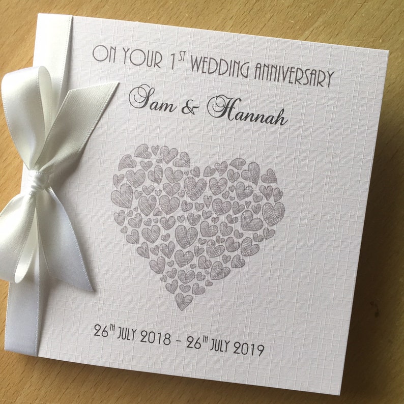 Personalised 1st Wedding Anniversary Card Paper Heart of Hearts any names / colour of heart / ribbon bow Envelope or Box image 5