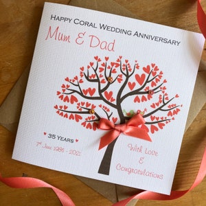 Coral 35th Wedding Anniversary Card, Coral Heart Tree, 35 Years, Personalised Floral Frame - Mum, Dad, Nan, Grandad