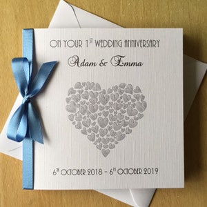 Personalised 1st Wedding Anniversary Card Paper Heart of Hearts any names / colour of heart / ribbon bow Envelope or Box image 4