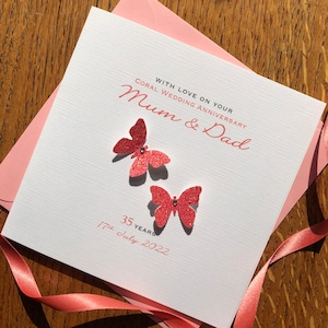Coral 35th Wedding Anniversary Card, 35 Years, Coral Glitter Butterflies, Personalised Anniversary - Mum, Dad, Nan, Grandad