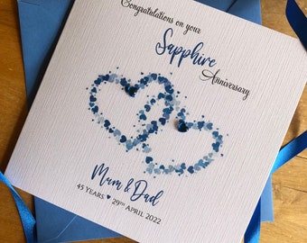 Sapphire Wedding Anniversary Card, 45th or 65th Interlocking Hearts, 45/65 Years Personalised Anniversary- Mum Dad, Nan Grandad, Friends etc