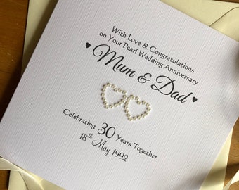 Pearl 30th Wedding Anniversary Card, 30th Pearl Hearts Anniversary Card, 30 Years Personalised Anniversary - Mum Dad, Nan Grandad, Friends
