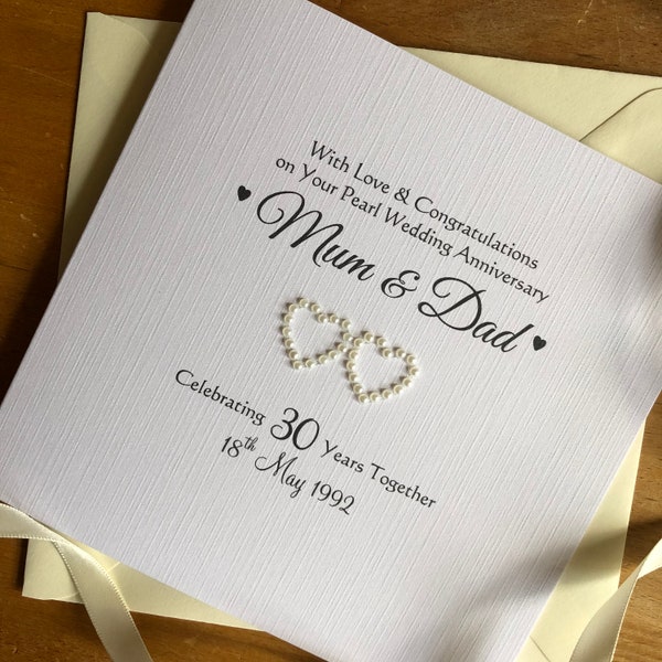 Pearl 30th Wedding Anniversary Card, 30th Pearl Hearts Anniversary Card, 30 Years Personalised Anniversary - Mum Dad, Nan Grandad, Friends