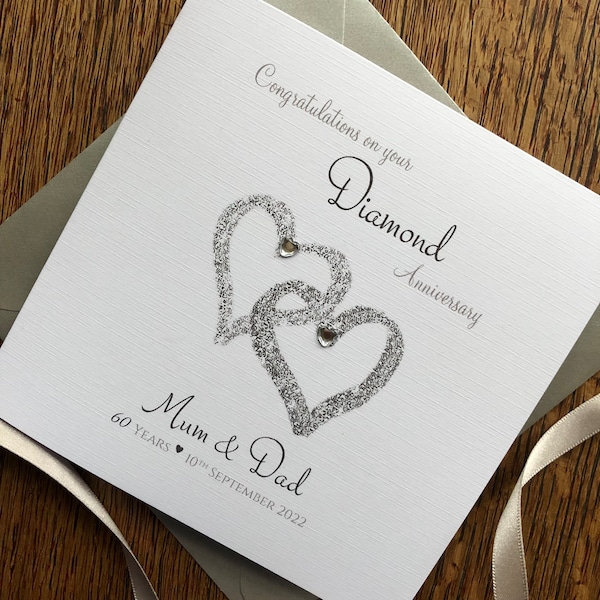 Diamond or Platinum Wedding Anniversary Card, 60th/70th Interlocking Hearts, 60/70 Years Personalised Anniversary- Mum Dad, Nan Grandad etc