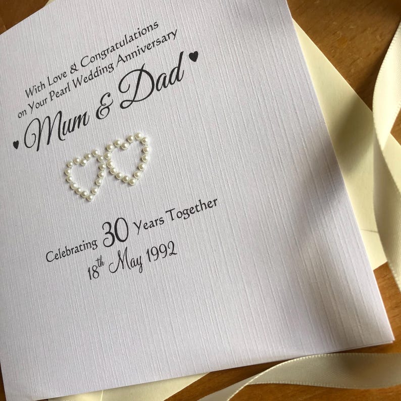 30th Pearl Wedding Anniversary Card, Pearl Hearts 30th Anniversary Card, 30 Years Personalised Anniversary, Pearl Wedding - any names image 3