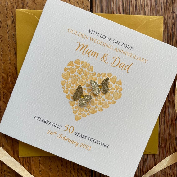 Golden Wedding Anniversary Card, 50 Years Married, Heart of Hearts, Butterflies, Personalised Anniversary - Mum, Dad, Nan, Grandad