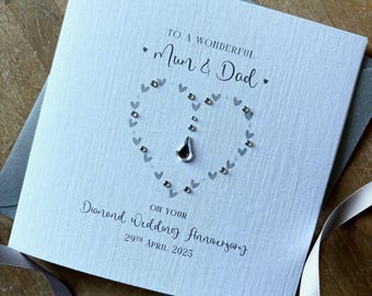 Personalised Diamond or Platinum Wedding Anniversary Card, 60th/70th Diamante Heart, Diamond Wedding Anniversary - Mum Dad, Nan Grandad