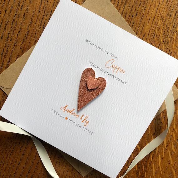 Personalised 7th / 9th / 22nd / 49th Wedding Anniversary Card - Copper Two Hearts - 9 Years Married, 7th Anniversary, 22nd Wedding, 49 Years