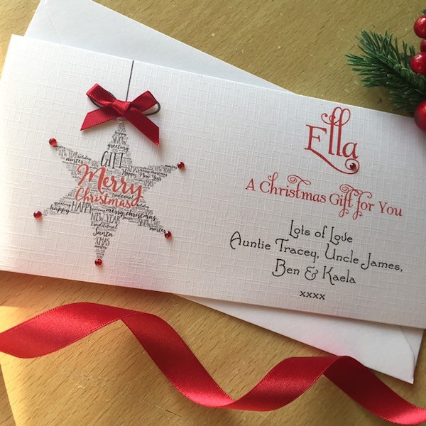 Personalised Christmas Star Money / Gift / Voucher Wallet - Money Wallet with Crystals and Bow