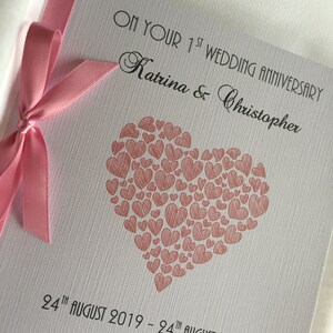 Personalised 1st Wedding Anniversary Card Paper Heart of Hearts any names / colour of heart / ribbon bow Envelope or Box image 7