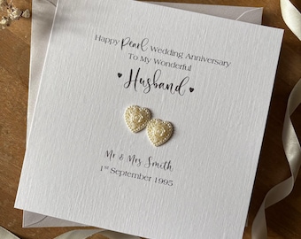 Pearl 30th Wedding Anniversary Card, Full Pearl Hearts Personalised Anniversary, 30 Years - Husband, Mum and Dad, Nan Grandad, Friends etc