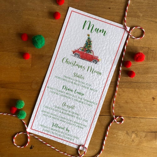 Cartes de menu de table de Noël personnalisées - Voiture avec arbre de Noël - Cartes de cadre de table, cartes de menu de Noël, faites main